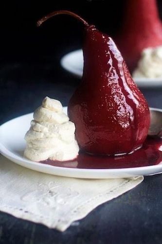 Red Wine Aged Vanilla Balsamic Poached Pears with Honey Cinnamon Mascarpone